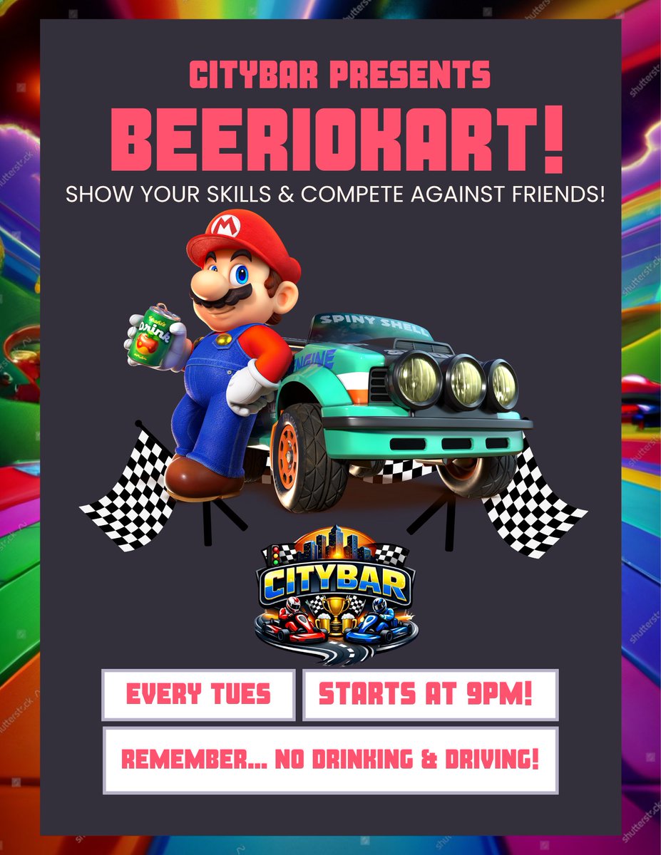BEERIO KART IS BACK AT CITYBAR 🏁🍻

Doors open at 8… races start at 9 ⏰
Pull up, grab a beer, and get ready to drink + drift all night long 🎮🔥

Fast laps, cold beers, and straight chaos 🏎️💨
Who’s taking the crown tonight?? 👀👑

#BeerioKart #CityBar #CollegeNights