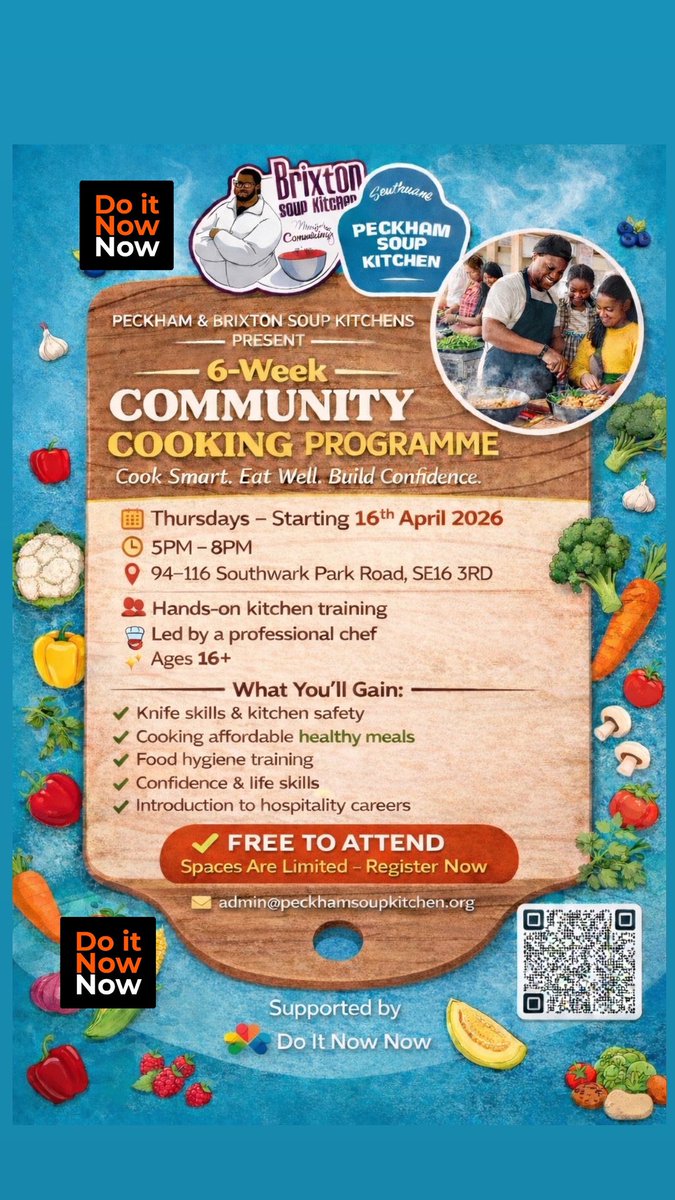 BrixSoupKitchen's tweet photo. Ready to level up your cooking skills in a supportive, fun space? 🍲💛
Join our 6-week Community Cooking Programme in Peckham &amp; Brixton!

👩🏾‍🍳 Learn from a professional chef
🔪 Build confidence in the kitchen
🥦 Cook healthy, affordable meals
🤝 Meet your community https://t.co/CkiQIz8rzE