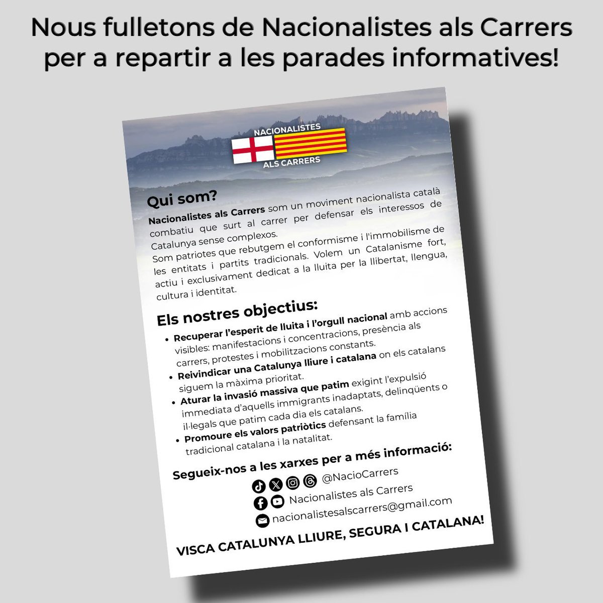 EL RACISME EL PATIM ELS CATALANS!
Estem vivint una de les pitjors etapes de la nostra història, i el nostre deure és canviar-ho i guanyar també des dels carrers! 💪🏼📖
Per això hem de donar suport @Naciocarrers! 🏴󠁧󠁢󠁥󠁮󠁧󠁿
🌹Per la Diada de Sant Jordi, Nacionalistes als Carrers farem una