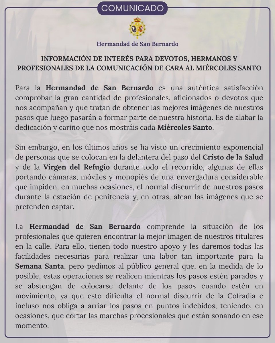 PasionDeSevilla's tweet photo. 🔴ULTIMA HORA. La @hdadsbernardo también se suma al NO de los palitos cerca de los pasos en el próximo Miércoles Santo.

¿Qué opináis de esto?
#SSantaSevilla26 https://t.co/VvDyecn5Qm