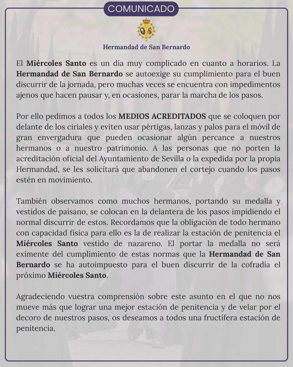 PasionDeSevilla's tweet photo. 🔴ULTIMA HORA. La @hdadsbernardo también se suma al NO de los palitos cerca de los pasos en el próximo Miércoles Santo.

¿Qué opináis de esto?
#SSantaSevilla26 https://t.co/VvDyecn5Qm