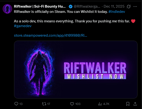 Riftwalkergame's tweet photo. This was the day Riftwalker went live on Steam.

This is where we are today. 12,000 wishlists.

No big funding. 25+ years in Unreal. A lot of long days.

I don’t take any of this lightly. Thank you.

Wishlist on Steam
https://t.co/IhWbH42idt https://t.co/H0UFhRub6c