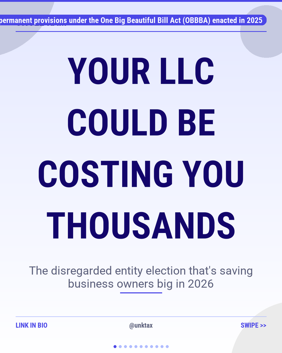 UNKTax's tweet image. Your LLC structure = your biggest tax lever. Disregarded entity status now includes permanent 20% QBI deduction + 100% bonus depreciation. But know when to switch to S corp. Full breakdown 👇

#TaxStrategy #LLCTips