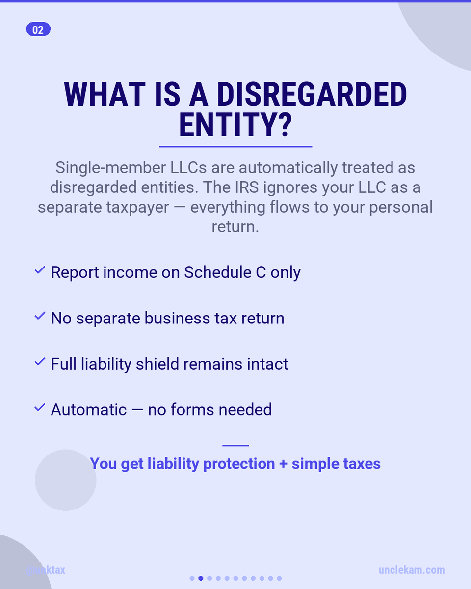 UNKTax's tweet image. Your LLC structure = your biggest tax lever. Disregarded entity status now includes permanent 20% QBI deduction + 100% bonus depreciation. But know when to switch to S corp. Full breakdown 👇

#TaxStrategy #LLCTips
