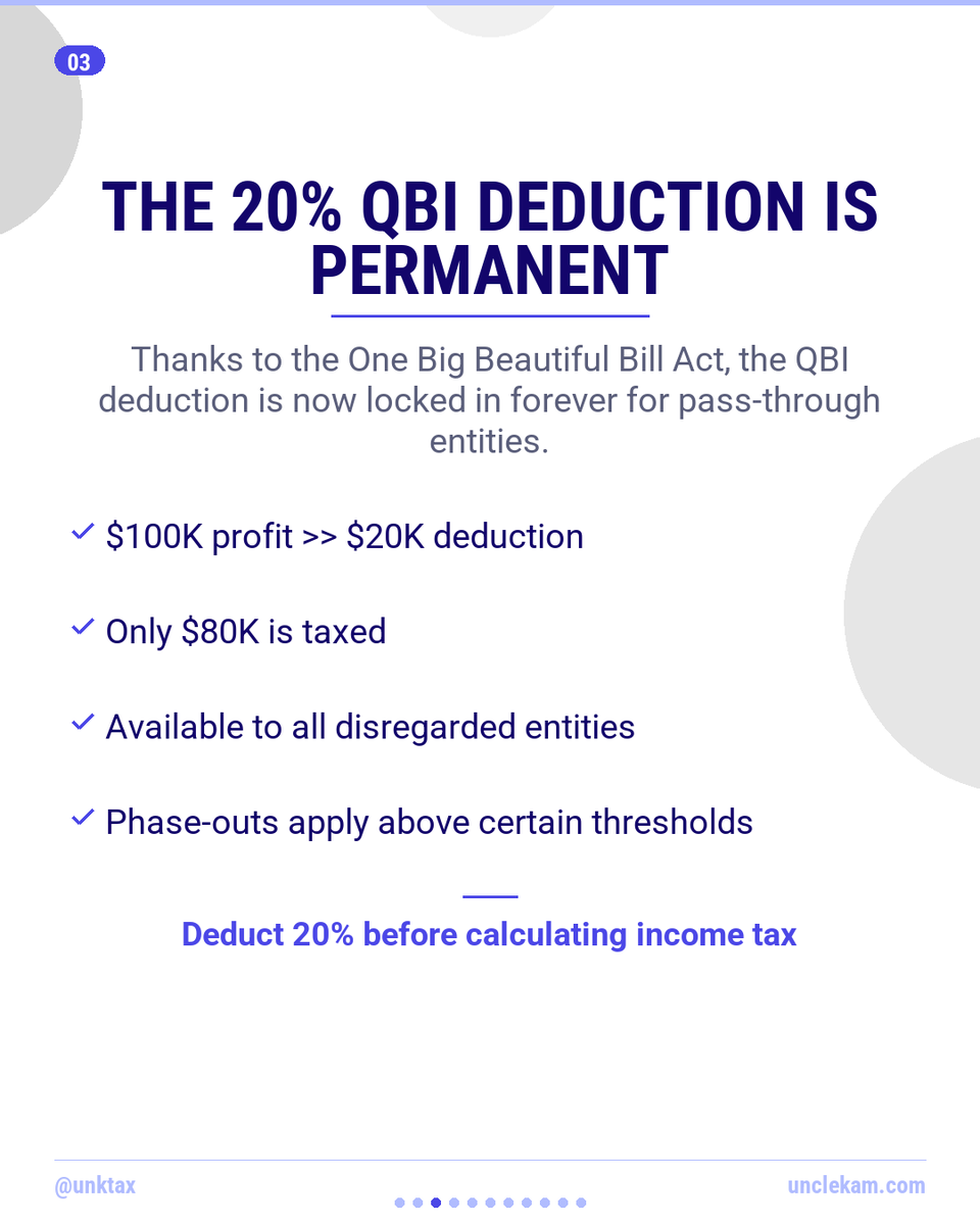 UNKTax's tweet image. Your LLC structure = your biggest tax lever. Disregarded entity status now includes permanent 20% QBI deduction + 100% bonus depreciation. But know when to switch to S corp. Full breakdown 👇

#TaxStrategy #LLCTips