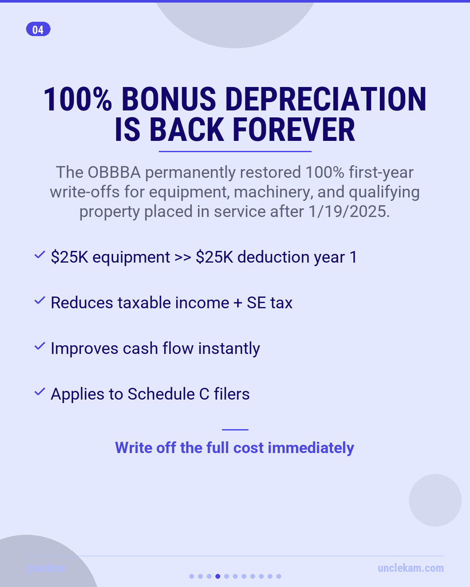 UNKTax's tweet image. Your LLC structure = your biggest tax lever. Disregarded entity status now includes permanent 20% QBI deduction + 100% bonus depreciation. But know when to switch to S corp. Full breakdown 👇

#TaxStrategy #LLCTips