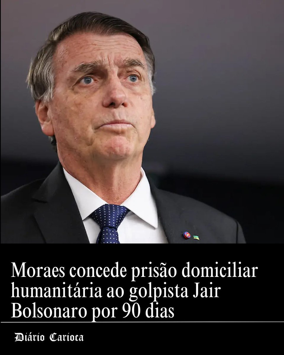 URGENTE: Alexandre de Moraes autoriza que Jair Bolsonaro cumpra pena em prisão domiciliar por 90 dias. A medida é humanitária. O condenado usará tornozeleira e está proibido de usar redes sociais. ⚖️ 

diariocarioca.com/2026/03/24/pol…

#Bolsonaro #STF #AlexandreDeMoraes