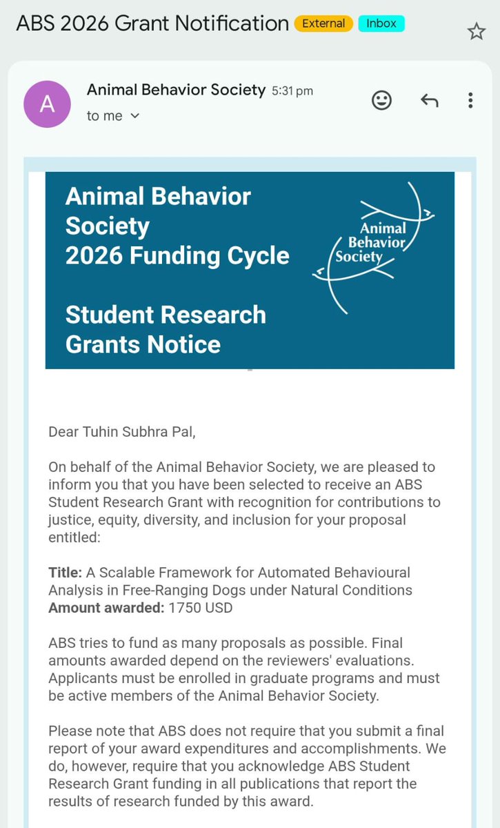 Abhadra7's tweet photo. Some good news in these trying times. Congratulations @Tspal01 for the ABS grant! @iiserkol #DogLab #streetdogs https://t.co/PADVdgXJRk