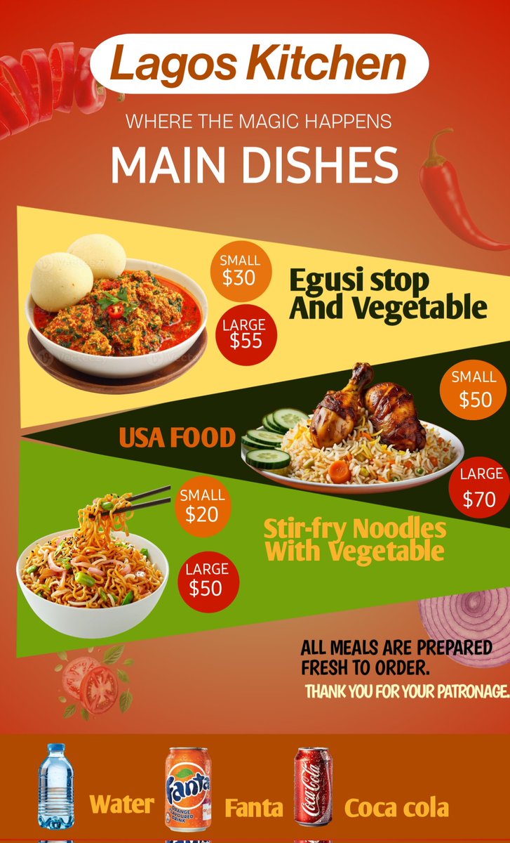 Bobg9's tweet photo. Gn guys..
Just designed this menu for Lagos Kitchen, and I love how it turned out π₯
Fresh meals. Real flavours. Prepared to order ππΎ
#GraphicDesign #LagosKitchen #MenuDesign #DesignLife #SundayDesigner https://t.co/9htPkDPDZs