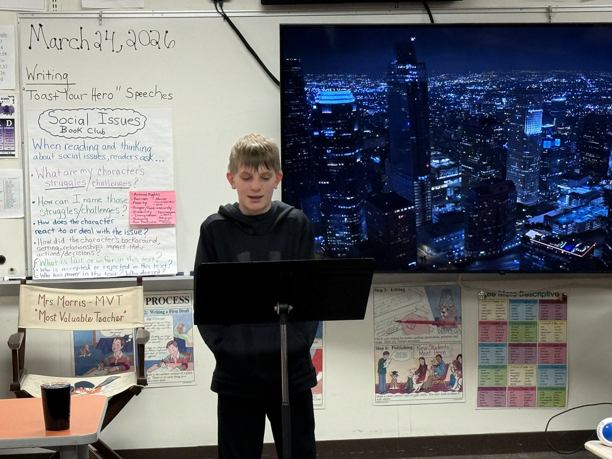 jmorris2's tweet photo. My 6th graders presented their “Toast Your Hero” speeches to their Writing classes today.  🎤@TonyMorseBPMS @bpbroncos https://t.co/sDy7j0fmVp