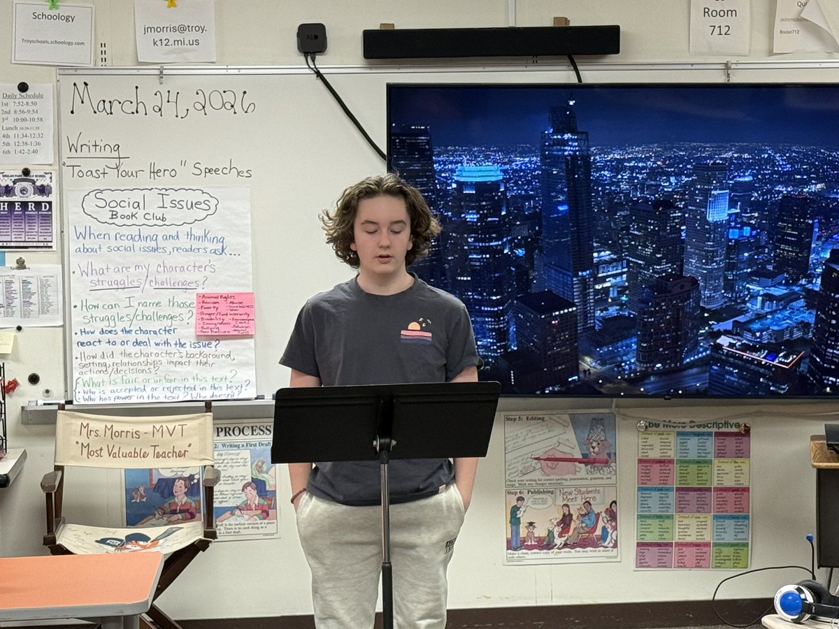 jmorris2's tweet photo. My 6th graders presented their “Toast Your Hero” speeches to their Writing classes today.  🎤@TonyMorseBPMS @bpbroncos https://t.co/sDy7j0fmVp