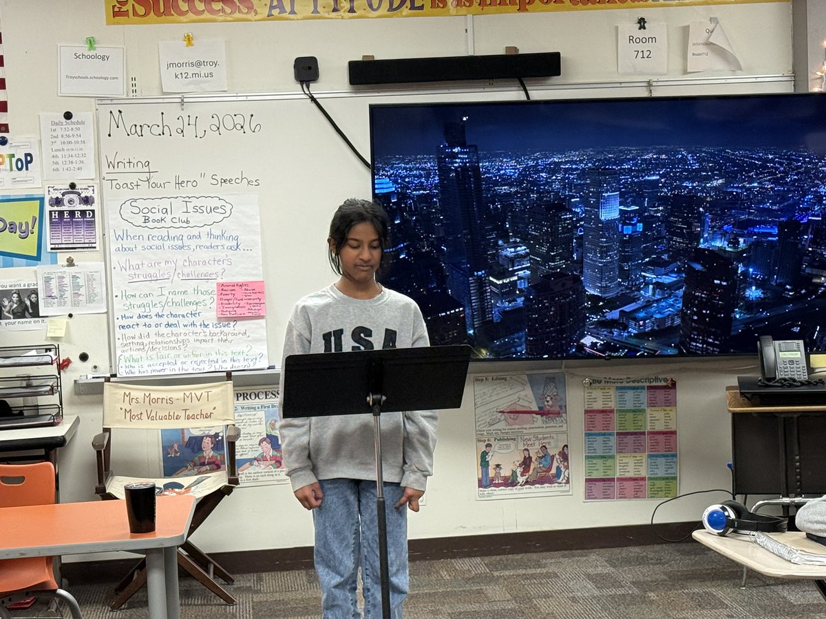 jmorris2's tweet photo. My 6th graders presented their “Toast Your Hero” speeches to their Writing classes today.  🎤@TonyMorseBPMS @bpbroncos https://t.co/sDy7j0fmVp