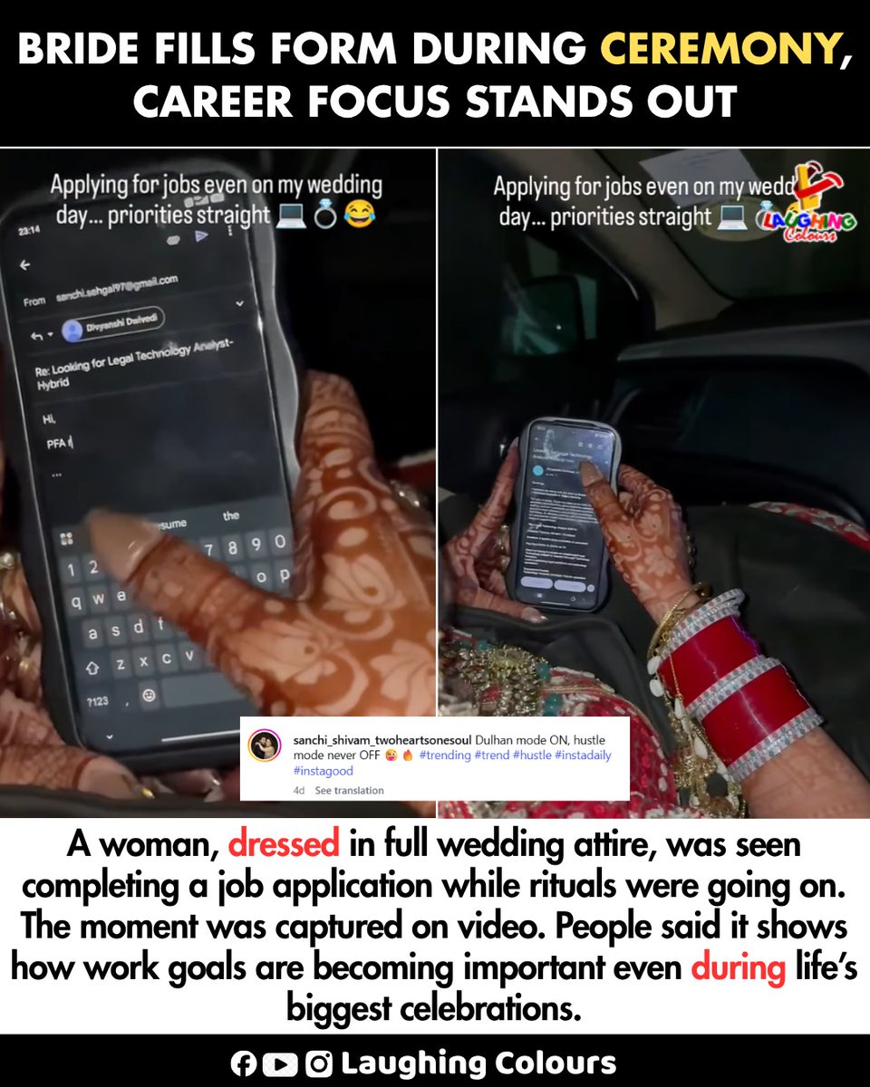 LaughingColours's tweet image. Bride applies job on wedding 💼

#WeddingMoment #CareerFocus #ModernLife #TrendingNow