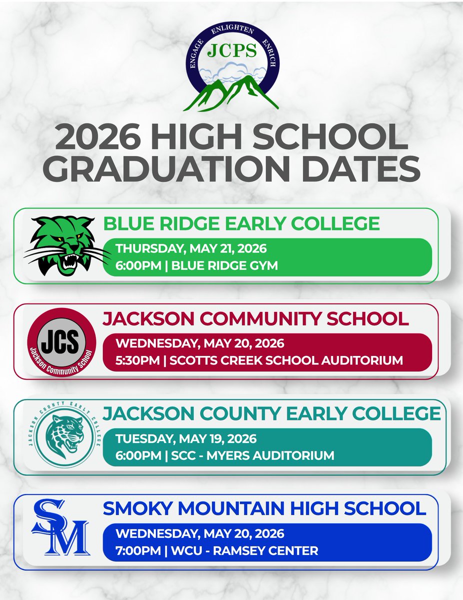 jcpsnc's tweet photo. Graduation season will soon be upon us! Please take note of the following high school graduation dates.
#jcpsnc #ElevateJCPS #JCPSTogetherWeSoar https://t.co/7wjo5PEVKc