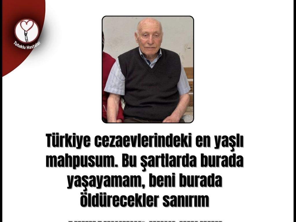 ErolŞengök:
"Türkiye'nin cezaevlerindeki en yaşlı mahpusum. 
Bu şartlarda burada yaşayamam, beni burada öldürecekler sanırım."

#YaşlıVeHasta ErolŞengök istiyoruz.
İran Türkiye'ye
#AbiDizisi 
#Çatlı
Erol Köse
Emine Ülker Tarhan