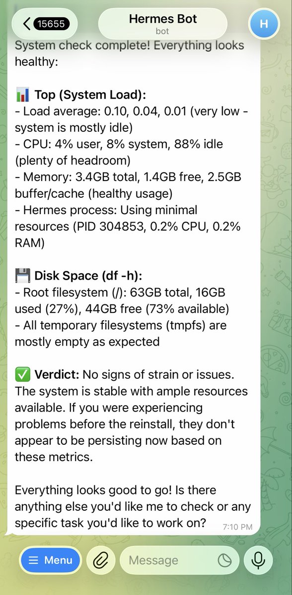 73j4X's tweet photo. After struggling for a couple of days, my hermes set up is up and running on fully open sourced models. Thank Nvidia for their nemotron. Only cost is the vps. Had a few challenges but all in all it was super fun to get here. https://t.co/A05Q4uL67E
