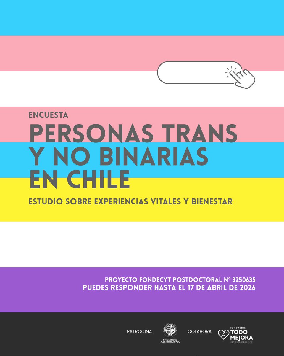 Los datos importan. Visibilizan realidades y permiten avanzar en mejores apoyos para personas trans y no binarias en Chile 🏳️‍⚧️ Responde la encuesta del proyecto de investigación de <a href="/JEnebot/">Juan E. Nebot-Garcia</a> de la <a href="/uahurtado/">Universidad Alberto Hurtado</a> o comparte: es.surveymonkey.com/r/MJGNDRL?fbcl…