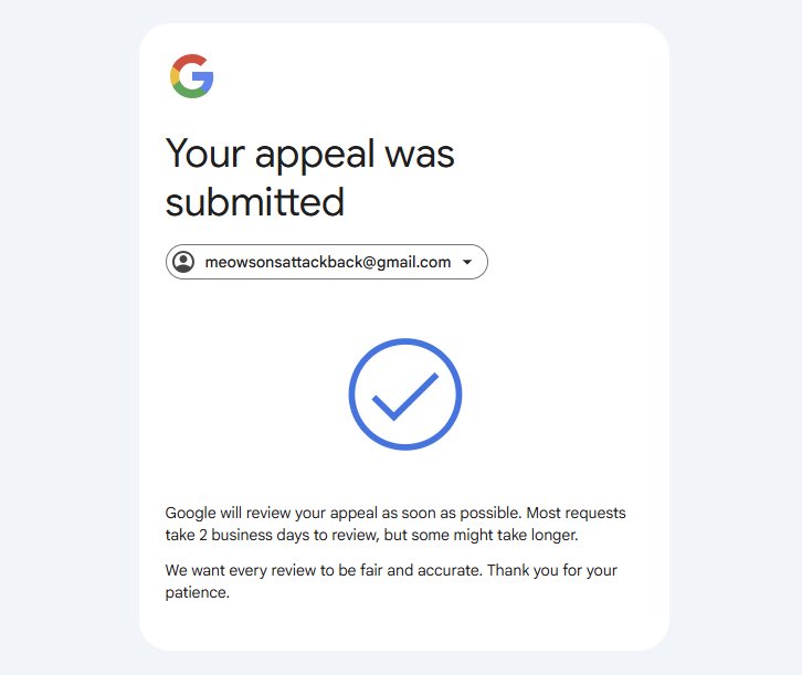 jurosuke's tweet photo. Google has deactivated the account for the Meowsons project because they believe the email was created by a bot.😭 I filed an appeal, hopefully they reactivate our account soon. Very sorry to anyone who was hoping to submit an application in these last few hours. https://t.co/iOLdDE5rRA