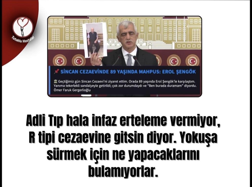 Zulüm devam ediyor.

ADLi TIP hala infaz erteleme vermiyor. R Tipi Cezaevine gitsin, diyor.

#YaşlıVeHasta ErolŞengök
İran Türkiye'ye
#AbiDizisi 
#Çatlı
Erol Köse
Emine Ülker Tarhan
