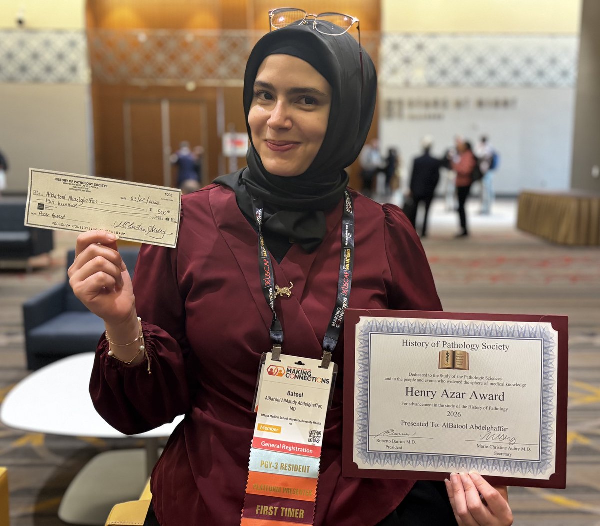 NebbacheHafsa's tweet photo. Words aren’t enough to express how proud we are of our very own @TheBatoolMD for winning the Henry Azar Award during the History of Pathology presentation at #USCAP2026 🏆✨
What an incredible achievement. So well deserved!
So proud of you 🥹👏 
#CAP26 #Pathology #RFEC #CAPRFEC https://t.co/mcYzOucSnj