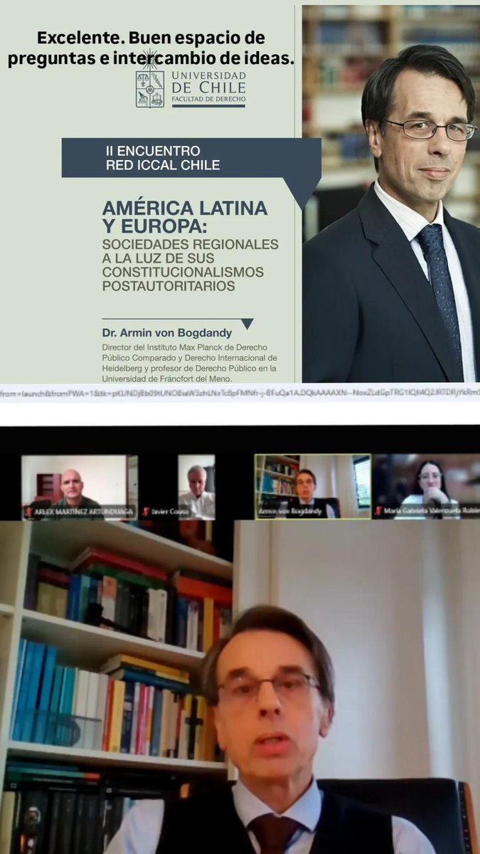 Gracias! <a href="/CDHUChile/">Centro de Derechos Humanos F. de Derecho U. Chile</a> <a href="/maxplancklaw/">Max Planck Law</a> @arminvonbogdandy
El profesor citó a <a href="/Rgargarella/">roberto gargarella</a> y su libro: La sala de máquinas de la Constitución... Algo así como: entre nosotros (LA) tenemos mejores redes de entendimiento constitucional que en EU. Una tradición c/nal +o- compartida.