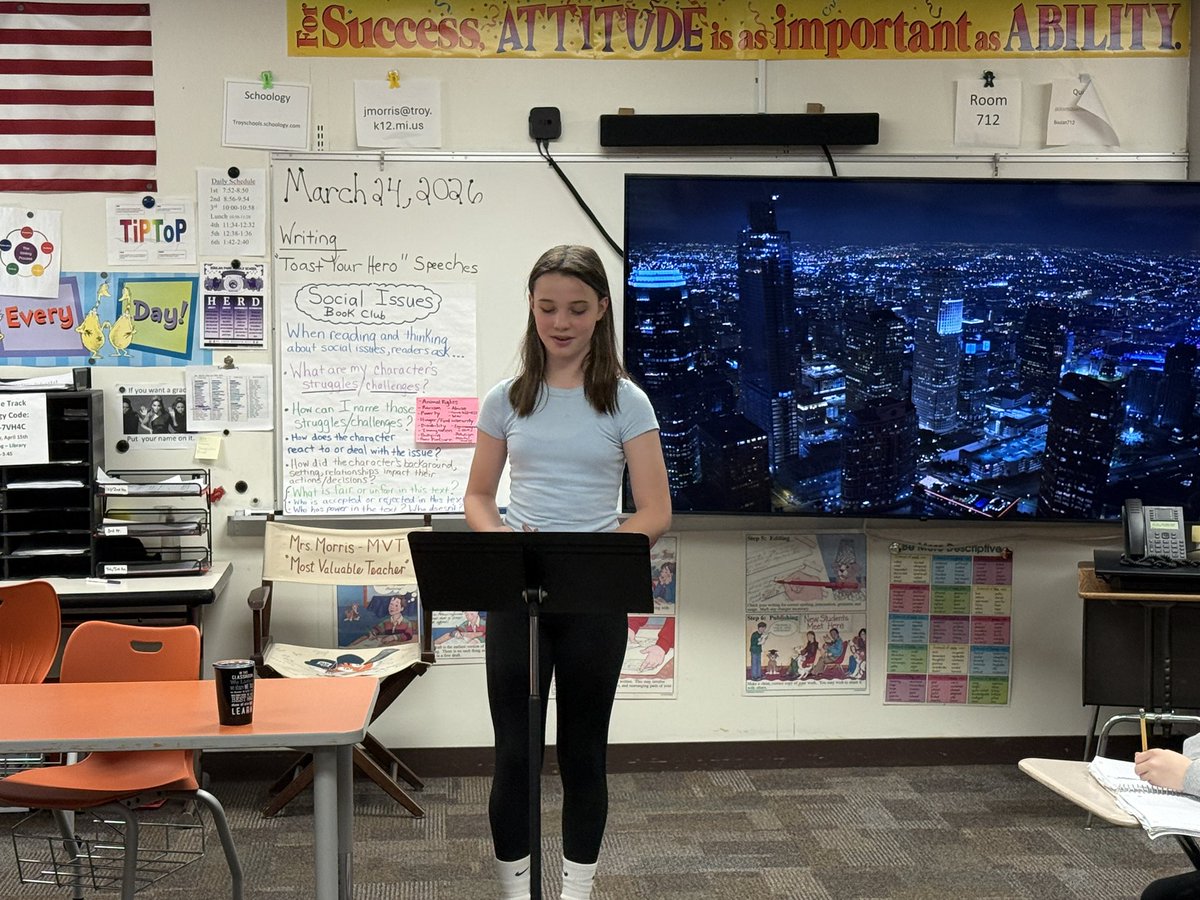 jmorris2's tweet photo. My 6th graders presented their “Toast Your Hero” speeches to their Writing classes today.  🎤@TonyMorseBPMS @bpbroncos https://t.co/e1Vp6NsjMY