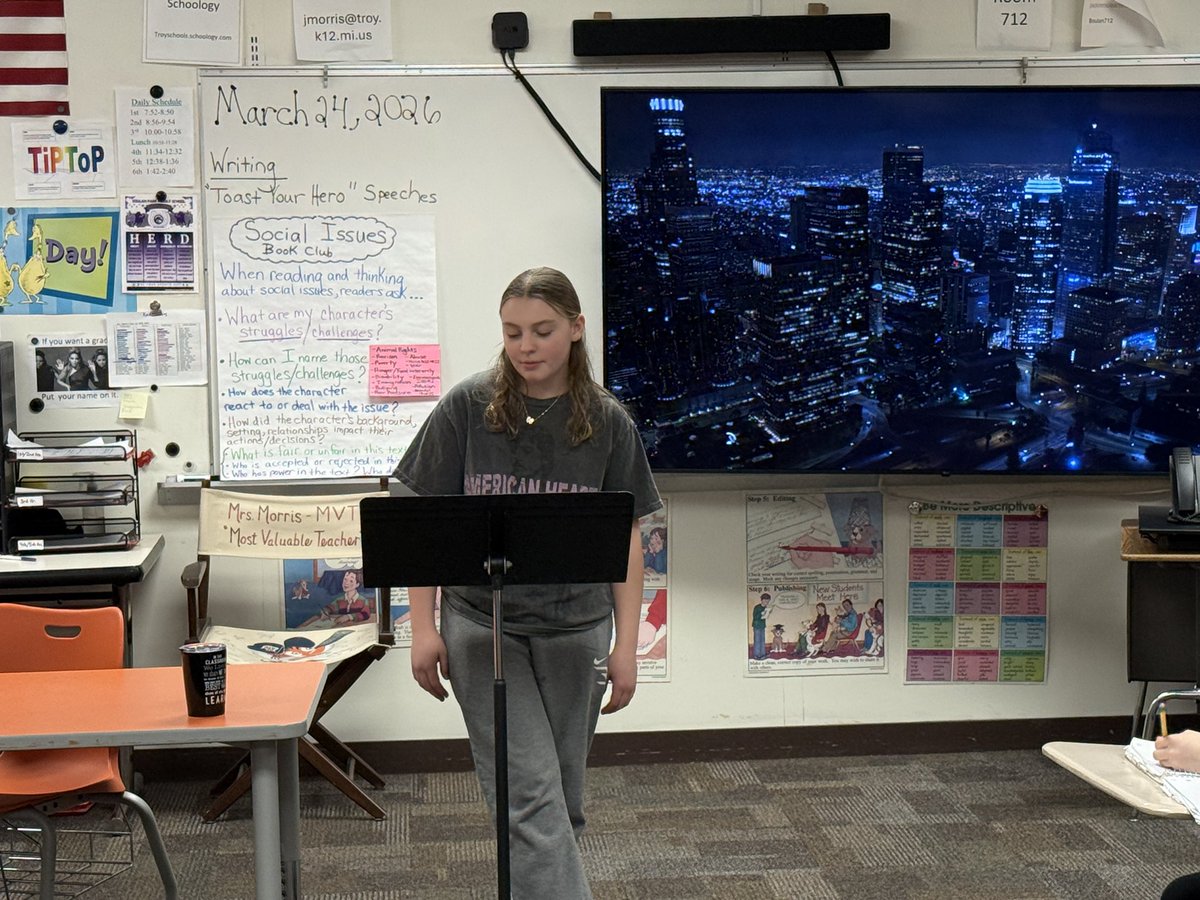 jmorris2's tweet photo. My 6th graders presented their “Toast Your Hero” speeches to their Writing classes today.  🎤@TonyMorseBPMS @bpbroncos https://t.co/e1Vp6NsjMY