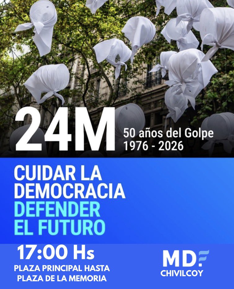 Cuidar la democracia, defender el futuro. ✌🏽🤍

Nos encontramos este martes 24 de Marzo, a 50 años del golpe cívico militar.

📍17 hs - Plaza Principal - Mástil de la Bandera