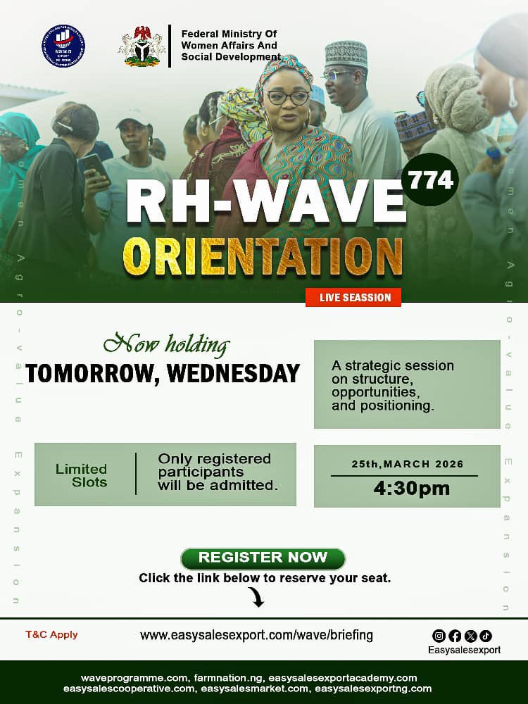 easysalesexport's tweet photo. Empowering women. Transforming agriculture.
RH-WAVE 774 Orientation holds tomorrow.
Position yourself for real opportunities.
👉 Register now:
https://t.co/jtEoknNcxY
Explore more:
https://t.co/heTJ0S3wSF | https://t.co/png5zCaCeF | https://t.co/NxHV7m2pJX | https://t.co/gbZgjQsqzv
