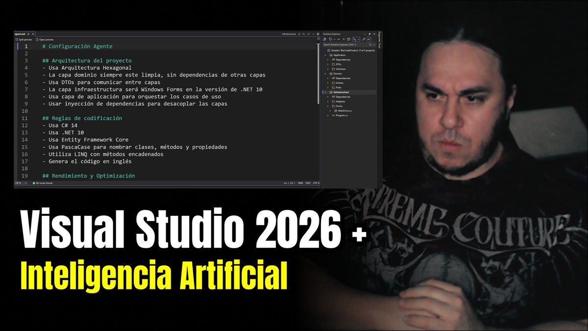 Visual Studio 2026 ya viene por defecto listo para usar IA en los proyectos, pero muchos desconocen como comenzar a aplicarla, en este video te muestro como darle contexto de arquitectura y codificación a Visual Studio para construir un producto real que voy a vender.
