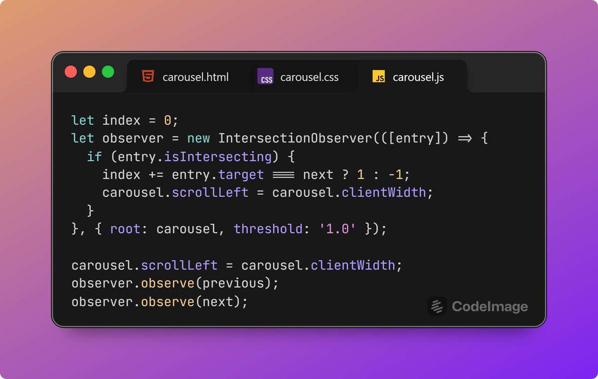Waterplea's tweet image. You only need 10 lines of each (#JavaScript, #HTML, #CSS) to make a fully functioning looped carousel. Check out live demo (as usual, some iOS nonsense had to be handled separately though):
codepen.io/waterplea/pen/…