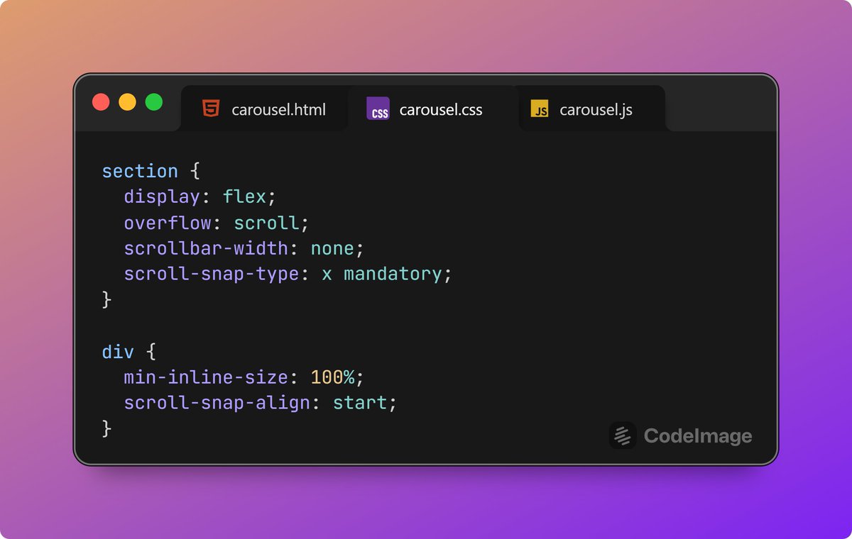 Waterplea's tweet image. You only need 10 lines of each (#JavaScript, #HTML, #CSS) to make a fully functioning looped carousel. Check out live demo (as usual, some iOS nonsense had to be handled separately though):
codepen.io/waterplea/pen/…