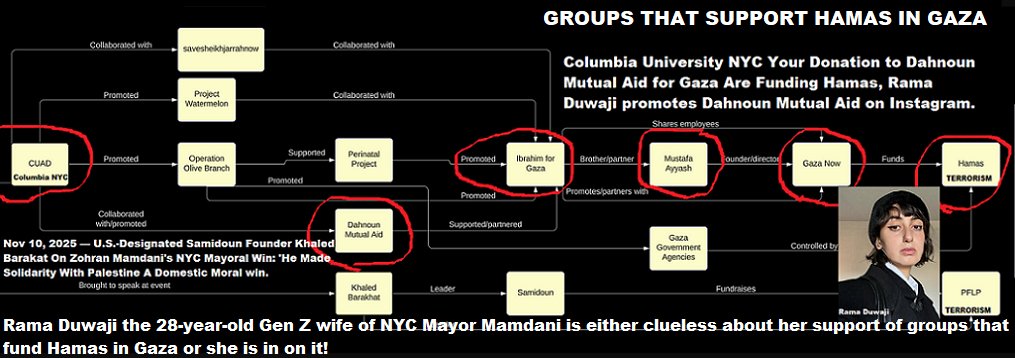 Columbia University NYC Your Donation to Dahnoun Mutual Aid for Gaza Are Funding Hamas, Rama Duwaji promotes Dahnoun Mutual Aid on Instagram. Rama Duwaji the 28-year-old Gen Z wife of NYC Mayor Mamdani is either clueless about her support of groups that fund Hamas in Gaza or she