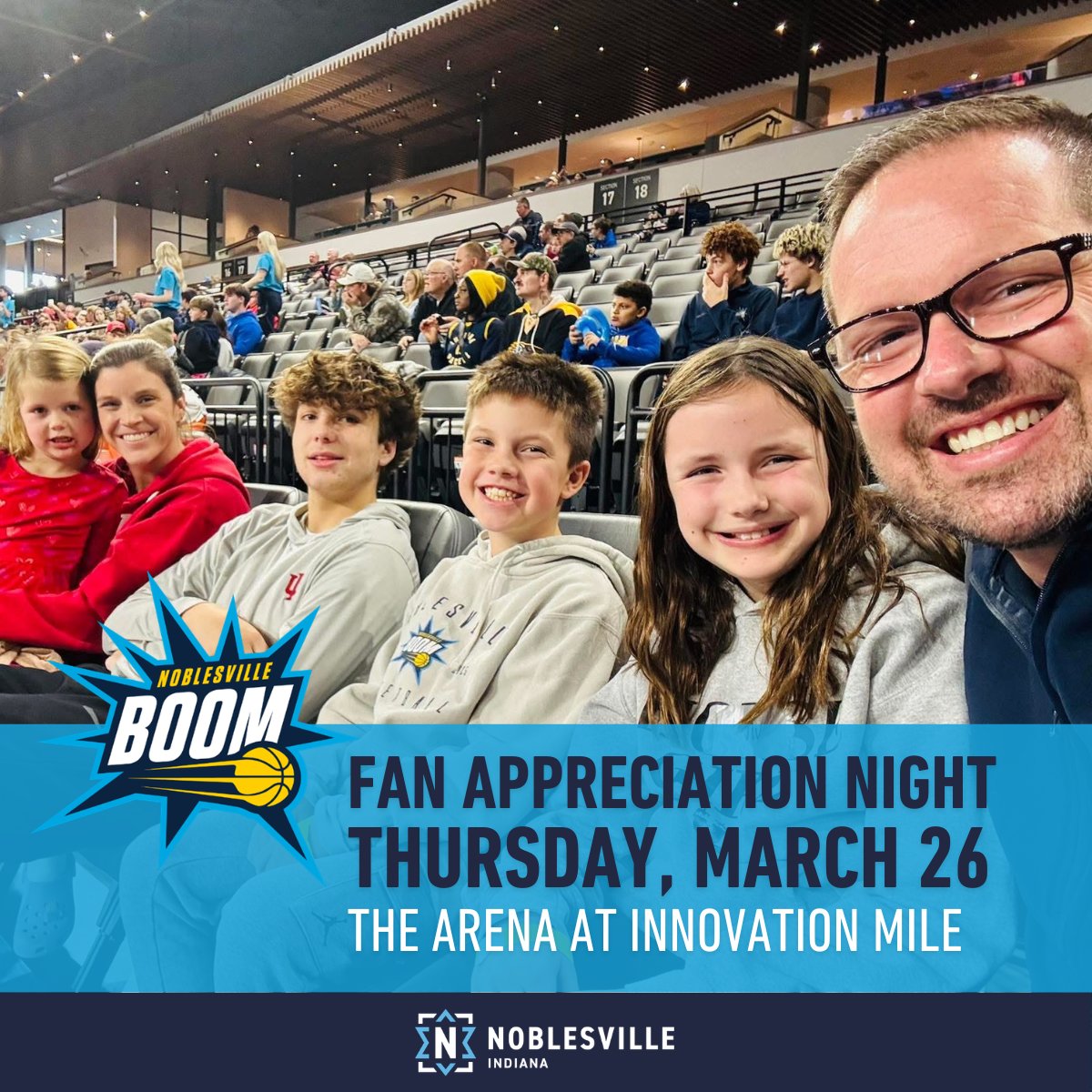 MayorJensen's tweet photo. Fan Appreciation Night with the @NoblesvilleBoom is coming up!🏀

The Noblesville Boom take on the @ChargeCLE at @AIMNoblesville on Thursday, March 26, at 7 p.m. Join me to experience the energy of professional basketball right here in #Noblesville and celebrate the fans like you who make it all possible.

🎟️Get your tickets now at https://t.co/lBUvn8LrjW or https://t.co/USS7y7aCWx.