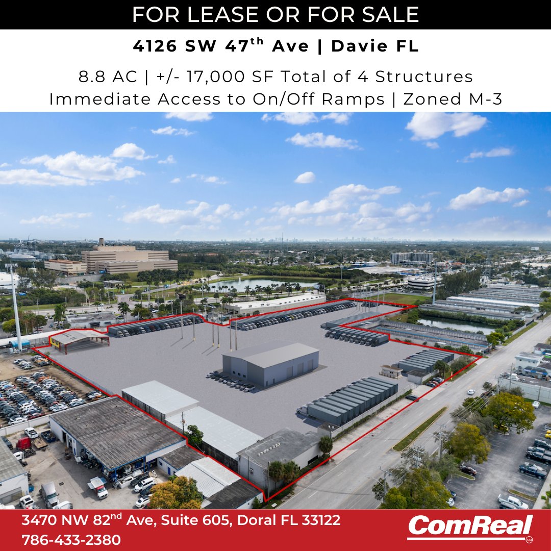 EdisonCRE's tweet image. #SouthFlorida Outdoor Storage Yard Available For Lease or For Sale

Located at 4126 SW 47th Ave, #DavieFL, this prime #IOS site is conveniently located for easy access to #MiamiDade and Broward counties.

Property Features:
- 8.8 Acres 
- Approximately 17,000 SF of structures (4