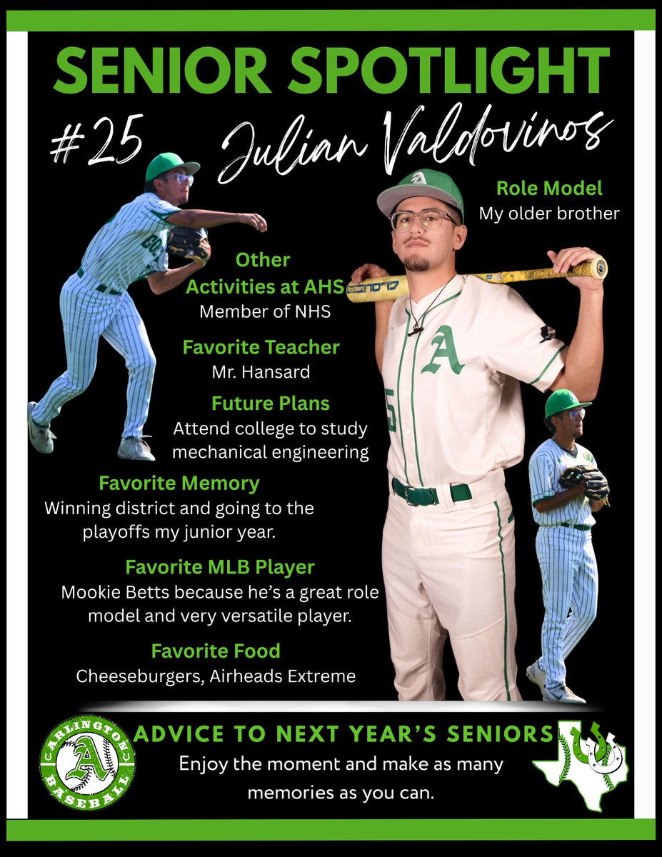 AHSColtBaseball's tweet photo. Senior Spotlight #25 Julian Valdovinos @ArlingtonHigh https://t.co/gI85YIqS0a