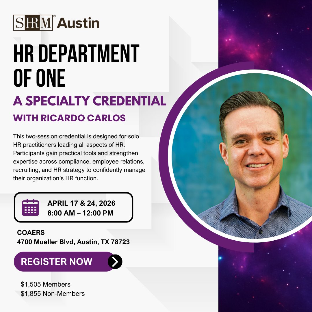 Starting soon!! 🚨

Austin SHRM’s HR Department of One Specialty Credential helps solo HR leaders sharpen their expertise and gain practical tools they can use right away.

Register Now: austinhumanresource.org/event-6496555

#ATXHR #AustinSHRM #SHRM