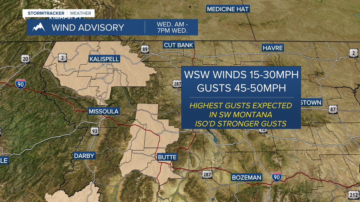 ErinWx's tweet image. Kootenai/Cabinet (6am-7pm Wed.): SW 15-25mph w/ gusts in the 45-50mph range.
West Glacier/#Flathead/Mission Valleys (8am-7pm Wed.): SW 20-30mph w/ gusts in the 45-50mph range.
#Butte/Blackfoot (11am-7pm Wed.): W 20-30 w/ gusts in the 50-55mph range. #mtwx #Montana #mttravel