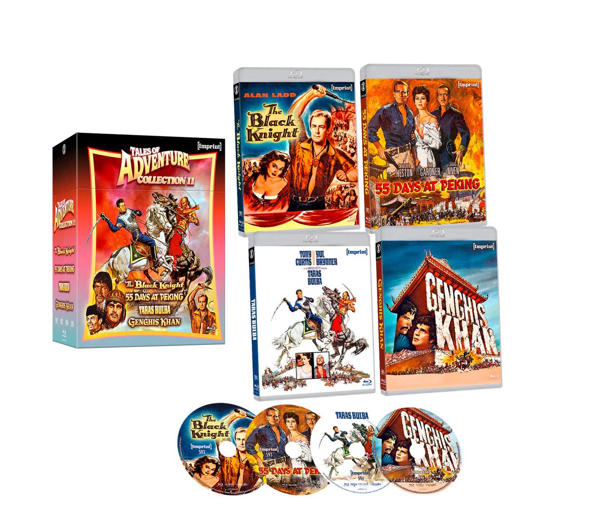 dawnofthediscs's tweet photo. Coming to Blu-ray 5/27 from @imprint_films 

Tales of Adventure: Collection 11 (1954 - 1965) (Imprint Collection #592 - 595) - Limited Edition Blu-ray Hardbox

Pre-orders open 4/15

The Black Knight (1954)
55 Days at Peking (1963)
Taras Bulba (1962)
Genghis Khan (1965)

https://t.co/uZgVE2gGYH

#imprintfilms #bluray #movienight #physicalmedia #physicalmedia #MovieNight
#Horror #4K #HorrorCommunity #Bluray #FilmCommunity #4KBluray #4KUltraHD 
 #physicalmedia #FilmstaGram #physicalmediaforever #bluraycollector #bluraycollection #Horror #HorrorMovie #HorrorMovies #Film #Movie #Movie #Cinema #CinemaLovers #FilmTwitter #Cinephile #MovieBuff #NowWatching