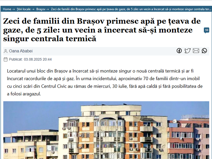 Daractenus's tweet photo. Following the attempts of a Romanian man to install his own heating system, over 70 apartments in a Romanian neighborhood have started receiving hot water through their gas pipes. It took the authorities 5 days to figure out how he was able to achieve that result. https://t.co/ts4wLccB5D