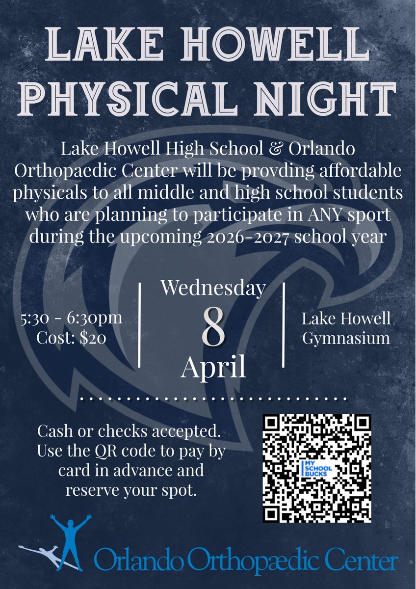 Lake Howell Physical Night is almost here. Get cleared and get ready for the 2026–2027 athletic year. #LakeHowell #SilverHawks #LakeHowellAthletics