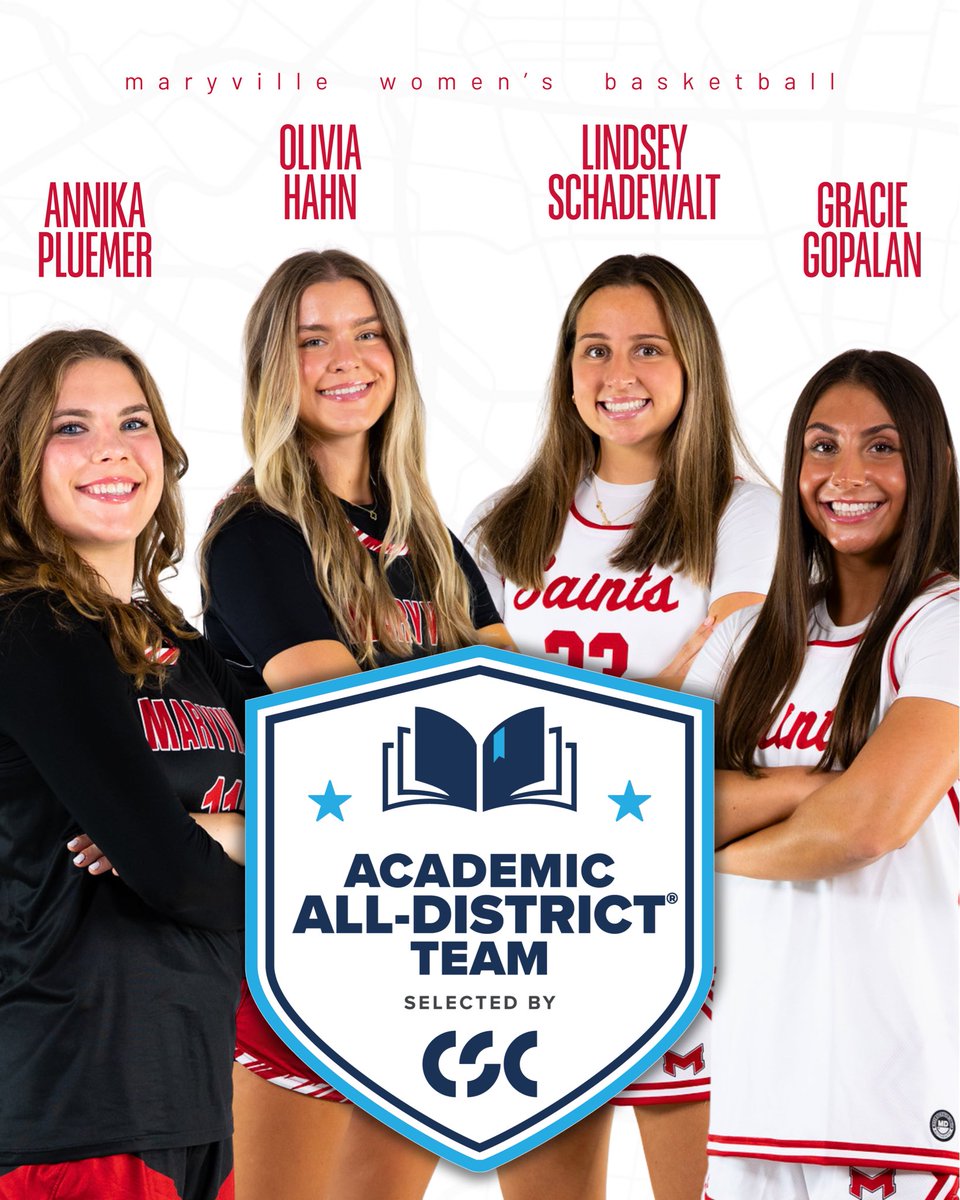 MaryvilleWBB's tweet photo. Congrats to Annika Pluemer, Olivia Hahn, Lindsey Schadewalt, and Gracie Gopalan who earned CSC Academic All-District honors for 2025-2026! 📚

#BigRedM | #AlwaysUs https://t.co/A0G2e61cOx