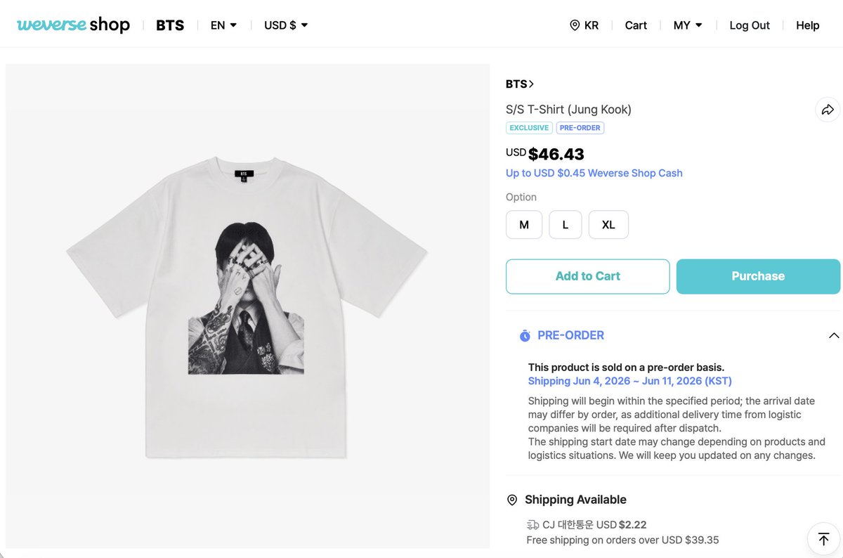 JUNGKOOK's 'Arirang – S/S T-Shirt' is re-stocked on Weverse Shop