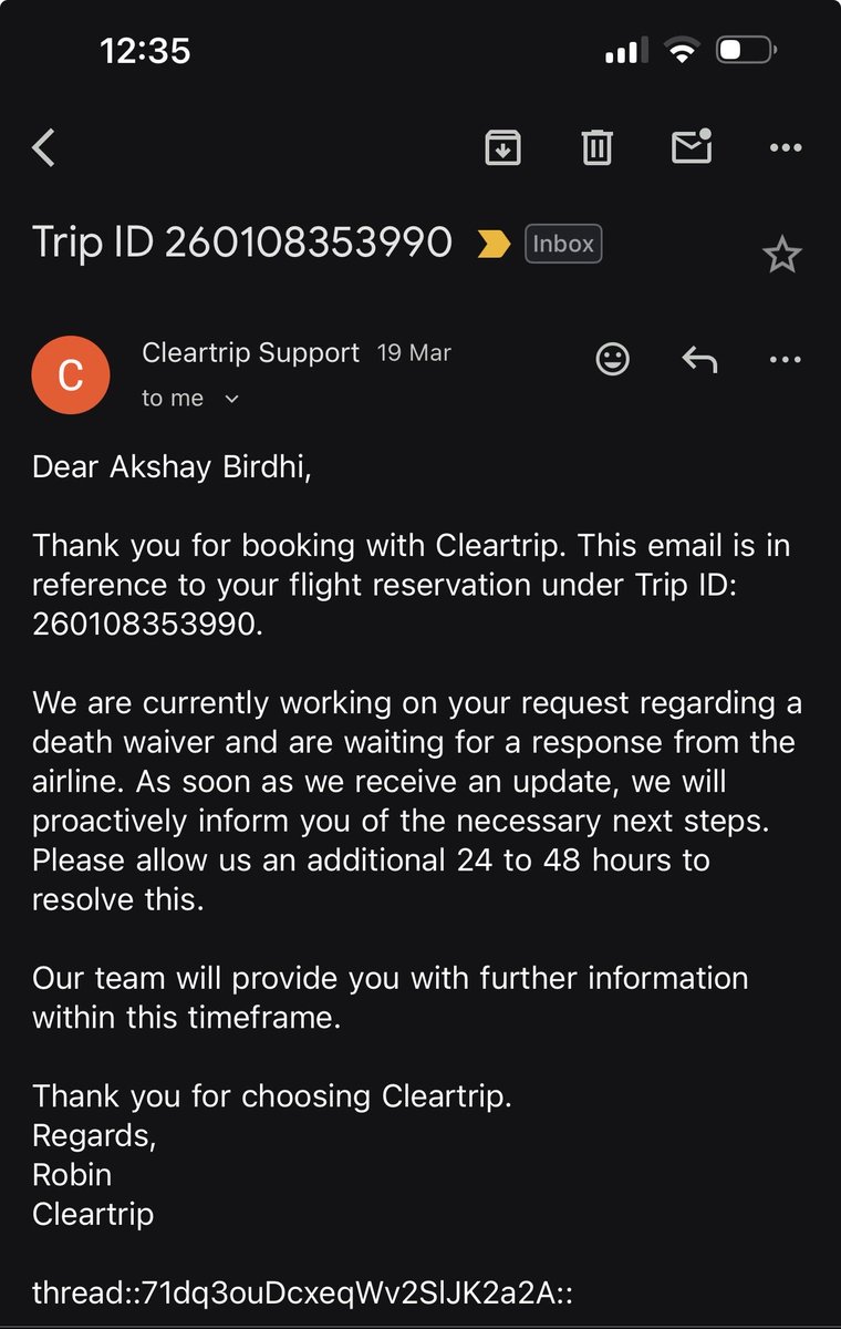 ABirdhi's tweet photo. @Cleartrip @narendramodi @AmitShah @agoda @makemytrip @ZeeNews @aajtak @ABPNews @WIONews @airindia It’s been 5 days since this commitment by @Cleartrip and still no resolution. I am filing an official police complaint for harrasment against a grieving customer by cleartrip now. https://t.co/q4sSRudlEd