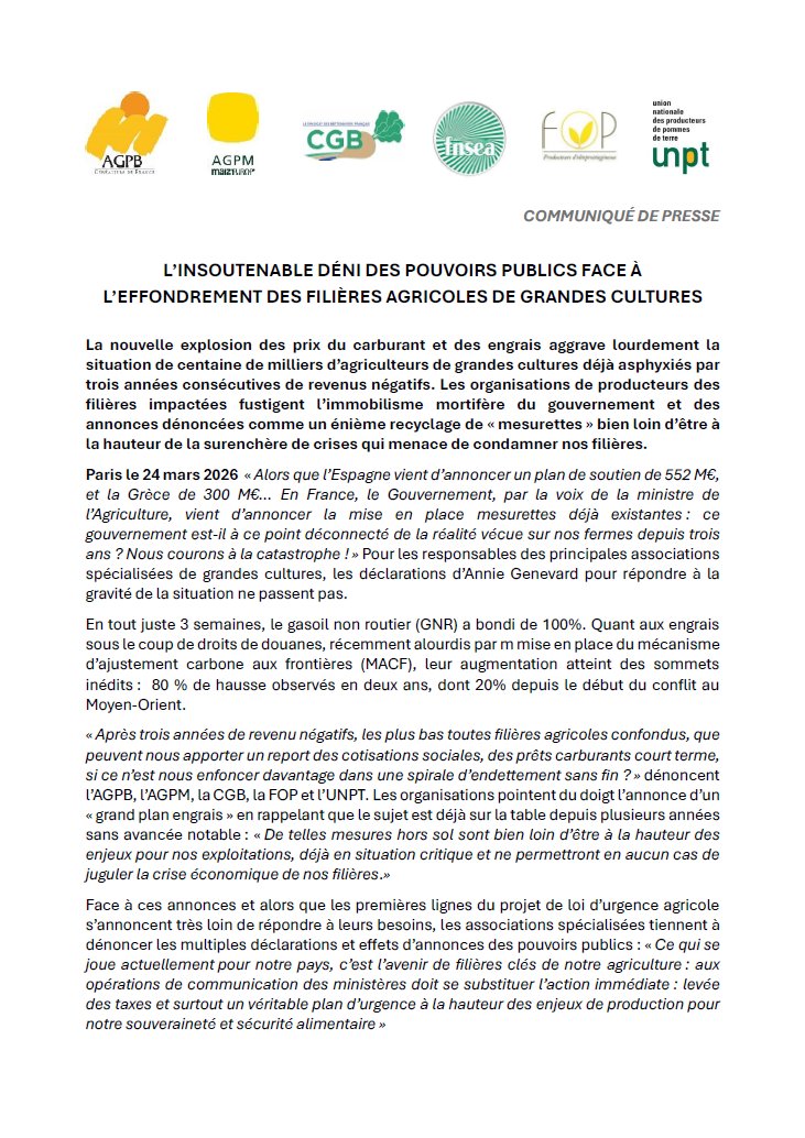 🚨 GNR +100 % en 3 semaines, engrais en flambée continue : les filières de grandes cultures tirent la sonnette d’alarme.
Face aux annonces insuffisantes du gouvernement, nous demandons des mesures immédiates pour éviter l’effondrement de nos exploitations !
📰