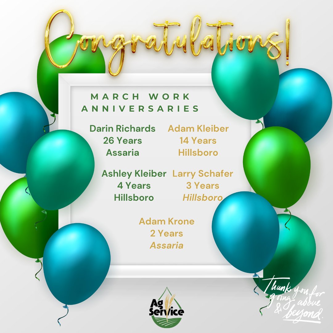 AgServiceInc2's tweet photo. Join us in celebrating our March work anniversaries! 🎊Behind every acre and every long day—there’s a hardworking team making it happen. We’re proud to celebrate the people who keep our team moving forward. Thank you for all you do! #AgServiceInc #MarchWorkAnniversaries https://t.co/x30egnSOfX