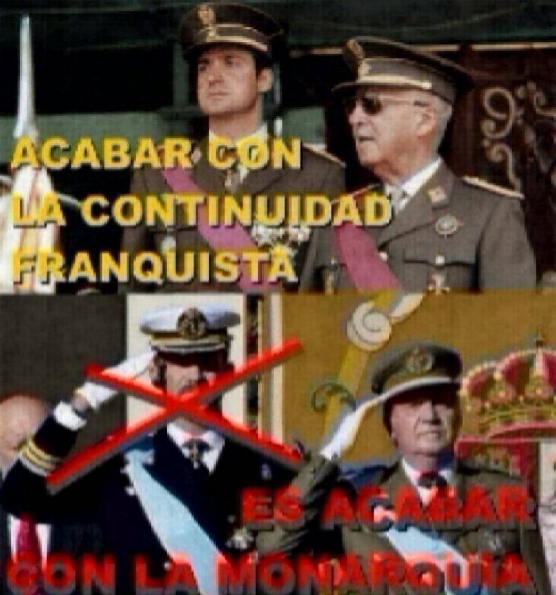 Maga020566's tweet photo. La actual monarquía, símbolo de la continuidad franquista, sigue anclada al pasado. Romper con Franco es cuestionar los cimientos de un sistema que nunca cortó del todo sus cadenas.
#AcabarLaMonarquíaYa❤️💛💜 https://t.co/DuY0ldctck