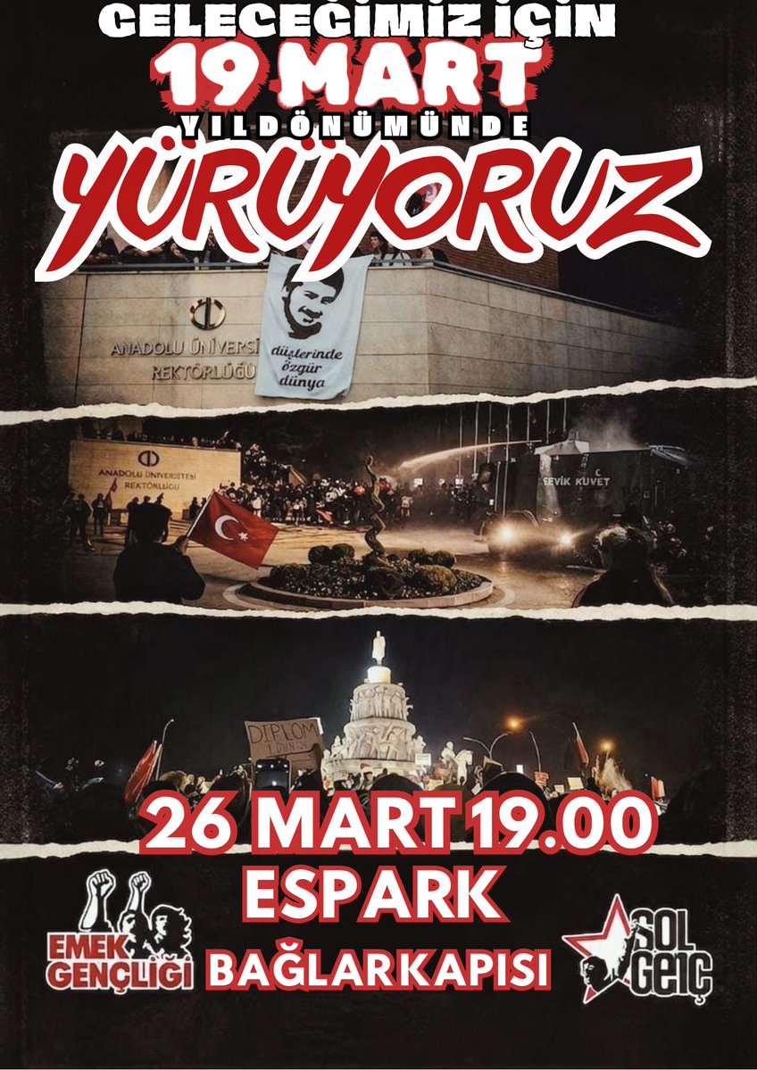Geleceğimiz için 19 Mart'ın Yıl Dönümü'nde bir araya geliyoruz!

Eskişehir gençliğini, sorunlarımıza karşı birleşmeye, anti-emperyalist, anti-faşist bir hatta geleceğimizi kendi ellerimize almaya çağırıyoruz.

🗓️26 Mart Perşembe
🕛19.00
🔻Espark Bağlar Kapısı