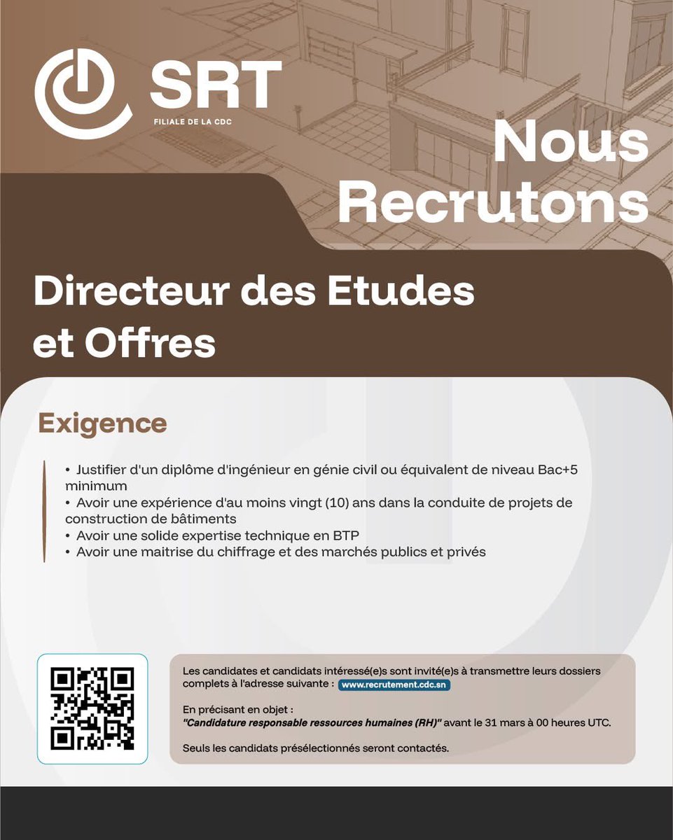 Zalebaate's tweet photo. La Caisse des Dépôts et Consignations (CDC) lance un appel à candidatures pour le recrutement de plusieurs profils, en vue de renforcer ses équipes techniques et administratives.

Les personnes intéressées sont invitées à remplir le formulaire en ligne via le lien ci-dessous :
https://t.co/6vWpOuAn0D

@Noo_IDcard @Nabyleu @Afterpro 

 #Senegal2050
