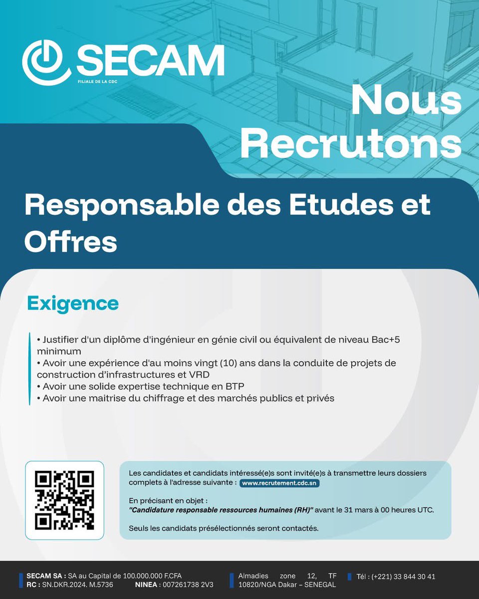 Zalebaate's tweet photo. La Caisse des Dépôts et Consignations (CDC) lance un appel à candidatures pour le recrutement de plusieurs profils, en vue de renforcer ses équipes techniques et administratives.

Les personnes intéressées sont invitées à remplir le formulaire en ligne via le lien ci-dessous :
https://t.co/6vWpOuAn0D

@Noo_IDcard @Nabyleu @Afterpro 

 #Senegal2050